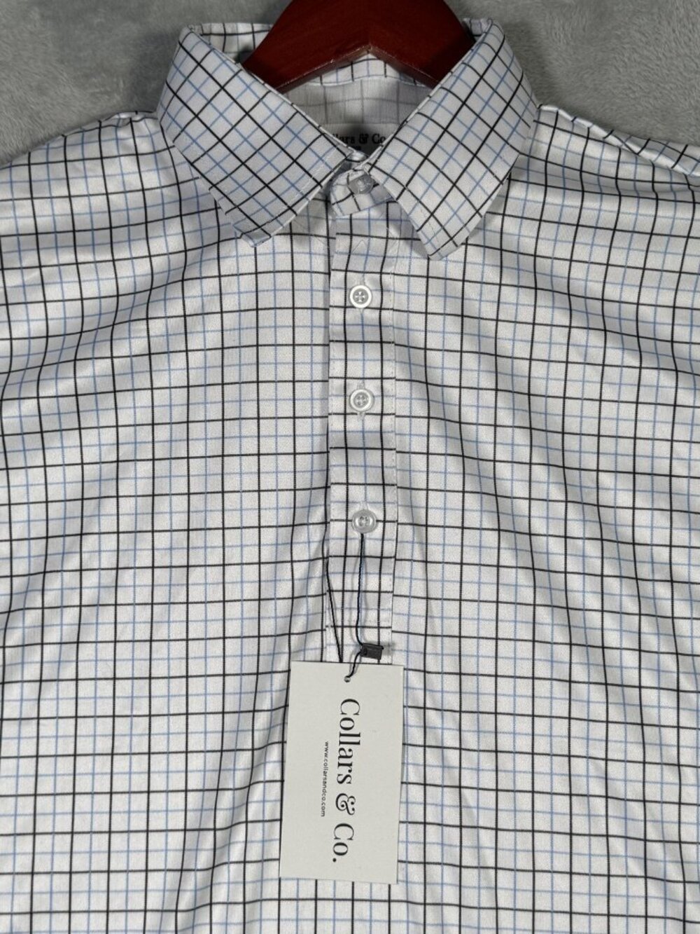 Collars & Co Polo Shirt Mens Large White Windowpane Dress Collar Short Sleeve